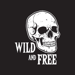wild and free skull art black and white hand drawn illustration vector
