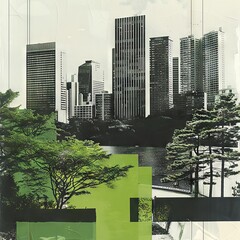 Modern Art Collage: Minimalist City Skyline with Integrated Nature


