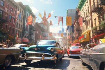 Fototapeta na wymiar Vintage car parade in a downtown