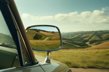Close-up of a vintage car's side view mirror reflecting a countryside road
