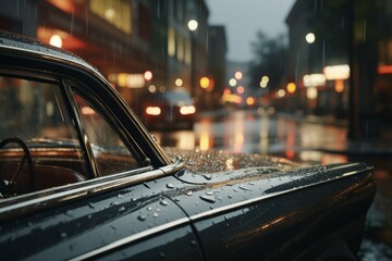 Close-up of a classic car's windshield wiper in motion on a rainy city street