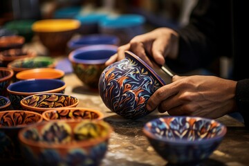 Close-up of hands painting intricate designs on traditional pottery - obrazy, fototapety, plakaty