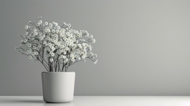 A white vase with white flowers sits atop a table