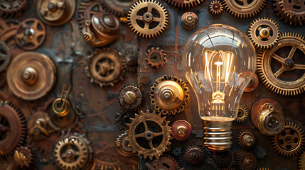Fototapeta na wymiar A conceptual image of a light bulb surrounded by gears and cogs, symbolizing the process of innovation and creativity
