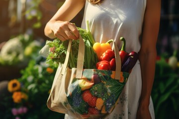 Woman with reusable shopping bag at a vibrant farmers market.