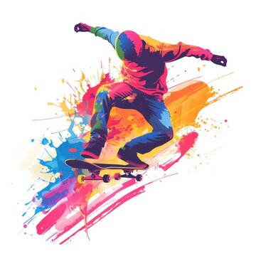 illustration of a snowboard, silhouette of a snowboarder with paint splashes
