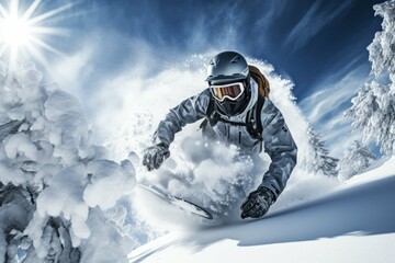 Snowboarder carving through fresh powder on a pristine mountain slope