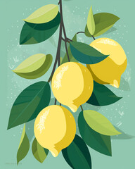 digital illustration poster with lemons, modern flat style, simple no shadows сreated with Generative Ai