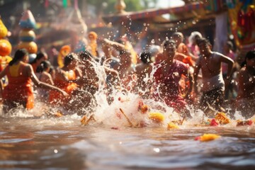 Vibrant Thai Songkran water festival with joyful water splashing and cleansing symbolism.