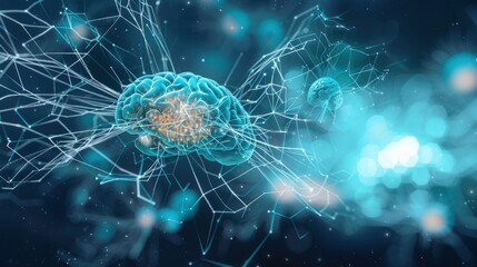 Human brain with neural connections. Illuminated brain with sparking lights and nodes that represent the active neural pathways and synapses.