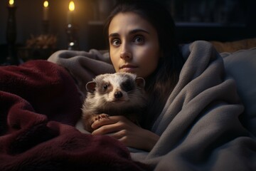 Woman and ferret enjoying a cozy movie night on the couch