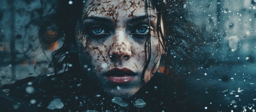 A close up shot featuring a womans jawline behind a window covered in raindrops. The image evokes a sense of mystery and darkness, resembling a scene from a fictional character in an action film