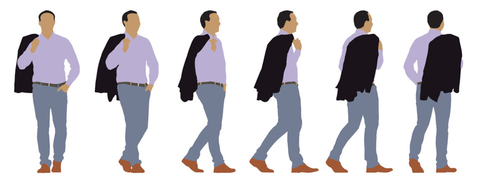 Vector concept conceptual silhouette of a man with a jacket over his shoulder from different perspectives isolated on white background. A metaphor for casual, confidence, business and lifestyle