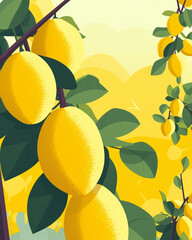 digital illustration poster with lemons, modern flat style, simple no shadows сreated with Generative Ai