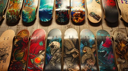 Custom-painted skateboard, positioned on a graffiti-covered ramp in a skate park