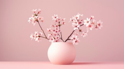 A pink vase holding lush white flowers sits atop a table