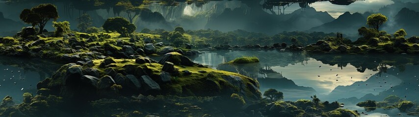 Landscape in a fantasy land of a river in the cloud forest with large trees and fog.