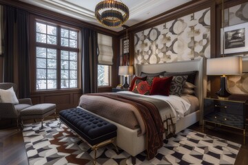Bedroom, luxurious fabrics and elegant lamps