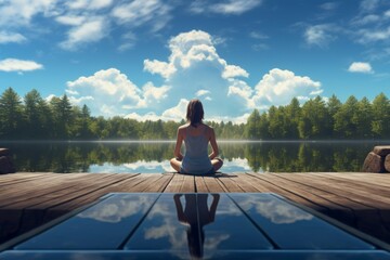 Woman practicing meditation on a peaceful lakeside dock