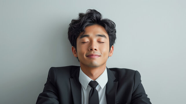 Young, ambitious, business man, black suit, happy face, close eyes. He is sleeping peacefully. white background, ultra realistic photography
