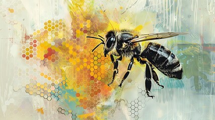 Modern Art Collage: Minimalist Bee and the Beauty of Pollination

