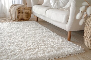 Sunny living room interior with fluffy white carpet.