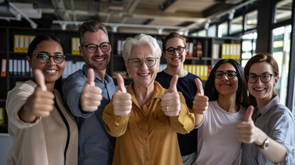 Business. Mature female leaders and team members. Thumbs up for teamwork. Show the team's potential until success.