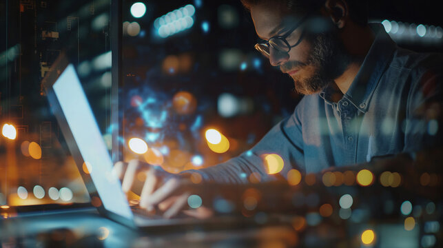 Concept of digital diagram,graph interfaces,virtual screen,connections icon.Young finance analist working at modern office.Man using contemporary laptop at night,blurred background.Horizontal.