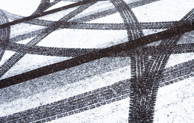 Wheel tracks on the road covered with snow