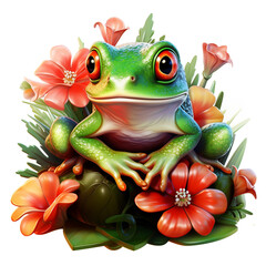 a big frog is sitting on the leaf on her back with flowers over her head сreated with Generative Ai