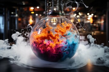 Close-up shot of a colorful liquid-filled sphere surrounded by swirling smoke.