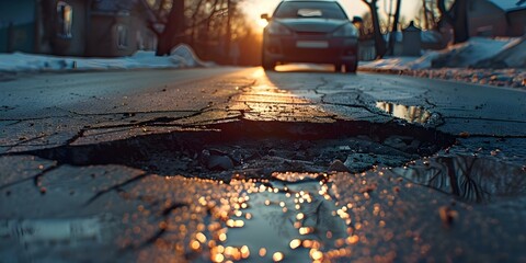 Pothole-ridden Street at Dusk with Car Near Cracked Road. Concept City infrastructure, Road maintenance, Urban decay, Traffic safety, Pothole repair - obrazy, fototapety, plakaty