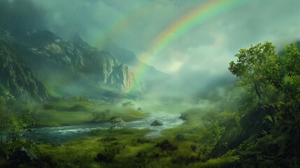 Misty valley with a rainbow.