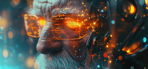 close-up, grandfather robot in a helmet and projection of virtual glasses, with an orange laser, mechanical elements