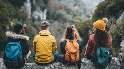 Friends overlooking nature from a high vantage point. - obrazy, fototapety, plakaty