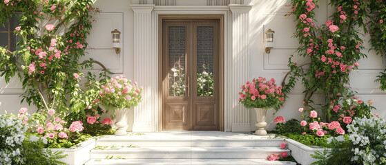 Fototapeta na wymiar Floral mockup with doorway. Front door, entrance, decorated peonies flowers. Home exterior, patio, backyard in a modern villa, penthouse. Facade of a modern house Generative ai