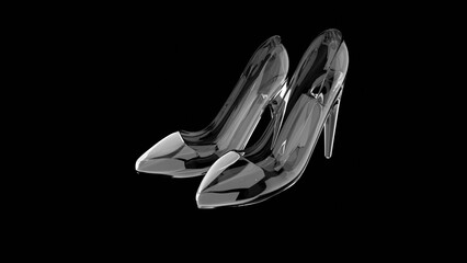 A crystal or glass slipper or high heel shoe on a black background, Cinderella concept. 3d render