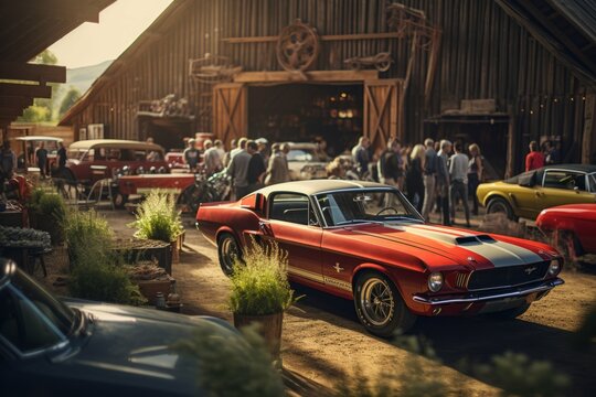 Vintage car enthusiasts' meetup in a countryside barn