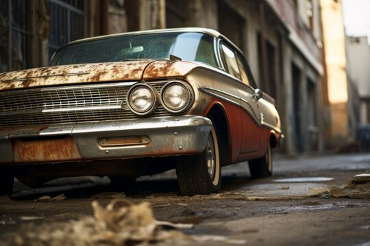 Close-up of a classic car's weathered fender with rusted edges in a deserted industrial area