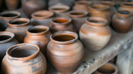 Fototapeta na wymiar Rows of handmade clay pots on a shelf.