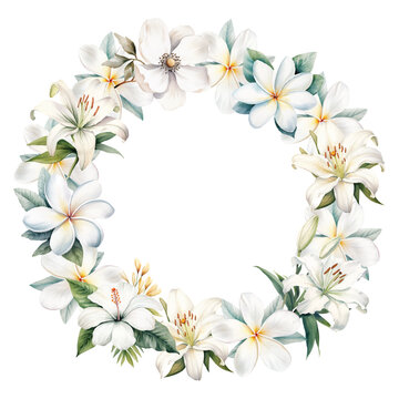 watercolor white tropical wreath with flowers frame design