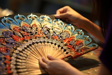 Close-up of hands painting intricate designs on a traditional fan