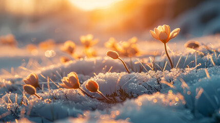 The first delicate buds and vibrant spring flowers push through the remaining snow on the ground.  - obrazy, fototapety, plakaty