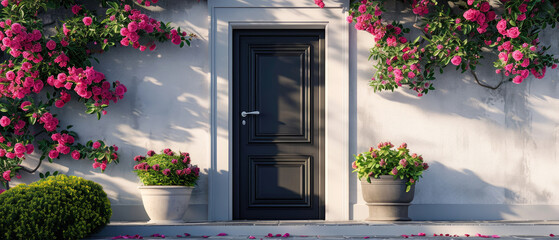 Floral mockup with doorway. Front door, entrance, decorated peonies flowers. Home exterior, patio, backyard in a modern villa, penthouse. Facade of a modern house Generative ai