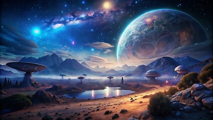 Alien world landscape with planet in the background