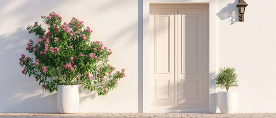 Floral mockup with doorway. Front door, entrance, decorated peonies flowers. Home exterior, patio, backyard in a modern villa, penthouse. Facade of a modern house Generative ai