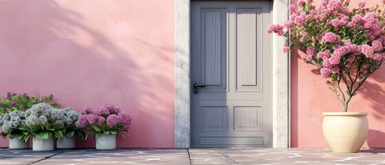 Pink floral mockup with doorway. Front door, entrance, decorated peonies flowers. Home exterior, patio, backyard in a modern villa, penthouse. Facade of a modern house Generative ai