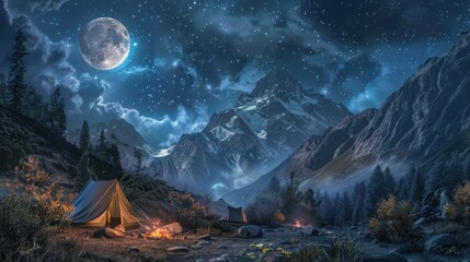 camping in a mountain gorge, a yellow and green glowing tent under a huge night sky decorated with stars. - obrazy, fototapety, plakaty