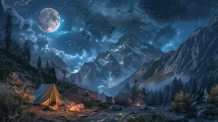 Poster camping in a mountain gorge, a yellow and green glowing tent under a huge night sky decorated with stars. © Nafeesa