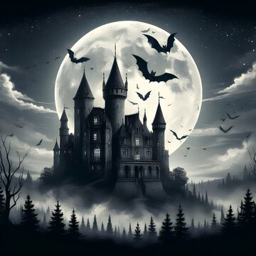 an old castle night view,bats are flying,a big moon and clouds,black and white view